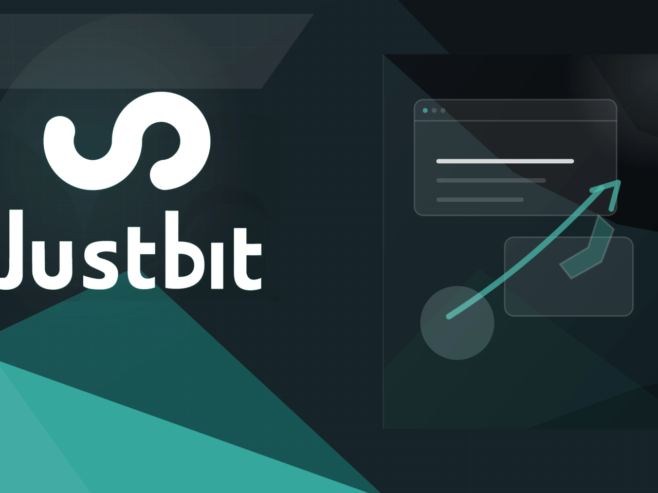 Justbit logo on a teal and charcoal geometric cover