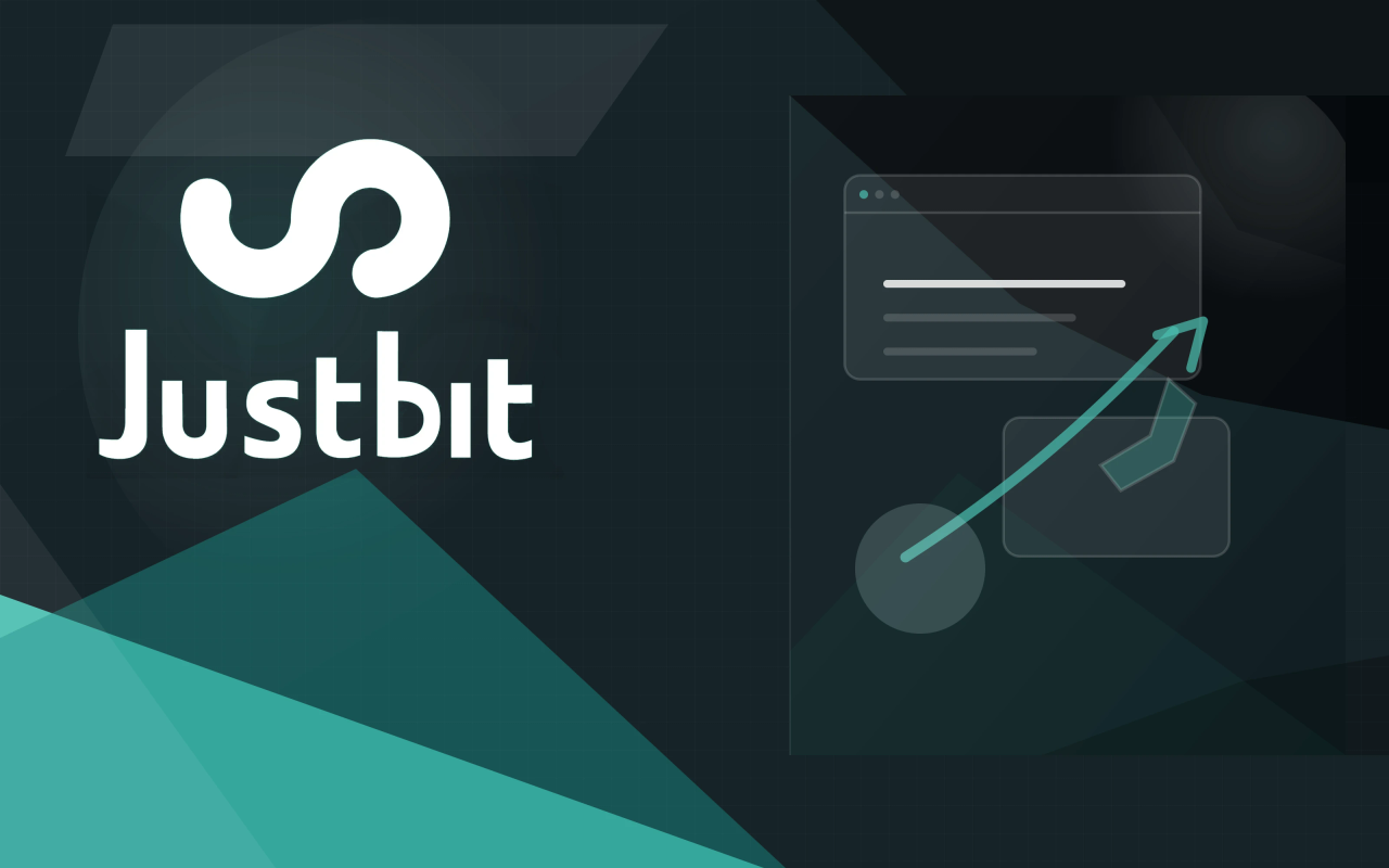 Justbit logo on a teal and charcoal geometric cover