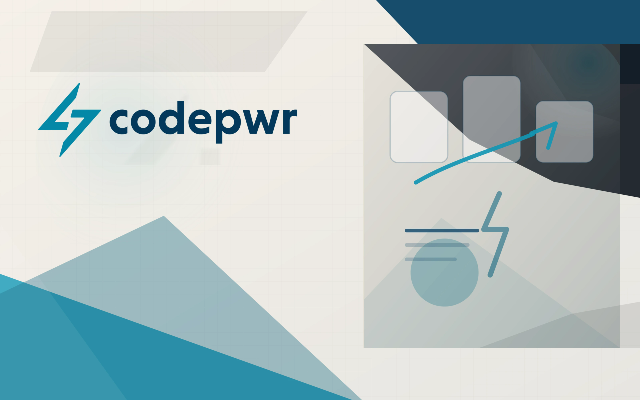 Codepwr logo on a navy, cyan, and ivory geometric cover