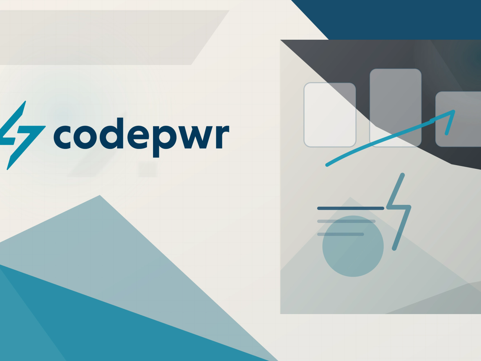 Codepwr logo on a navy, cyan, and ivory geometric cover