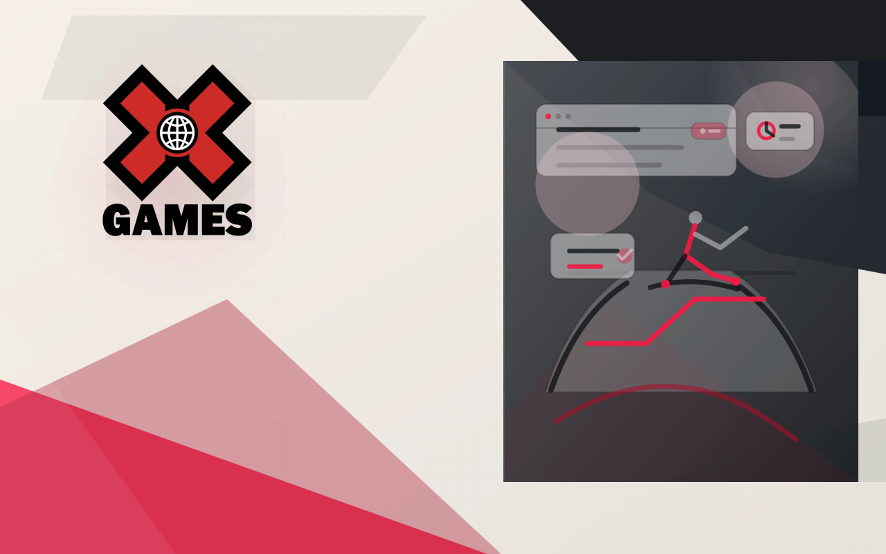 X Games vertical logo on a branded red, charcoal, and ivory geometric cover