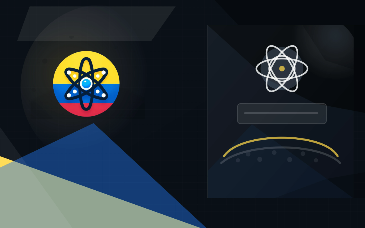 ReactJS Colombia logo on a midnight blue geometric cover with yellow and blue accents