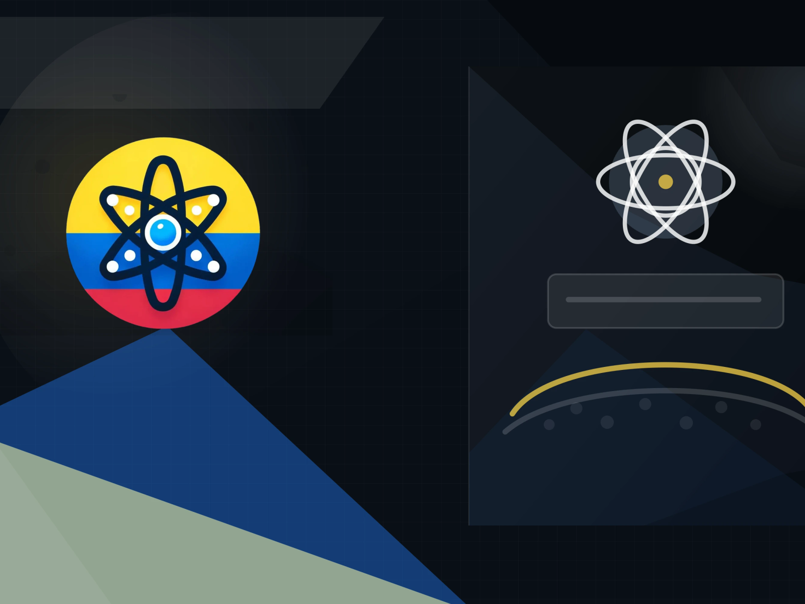 ReactJS Colombia logo on a midnight blue geometric cover with yellow and blue accents