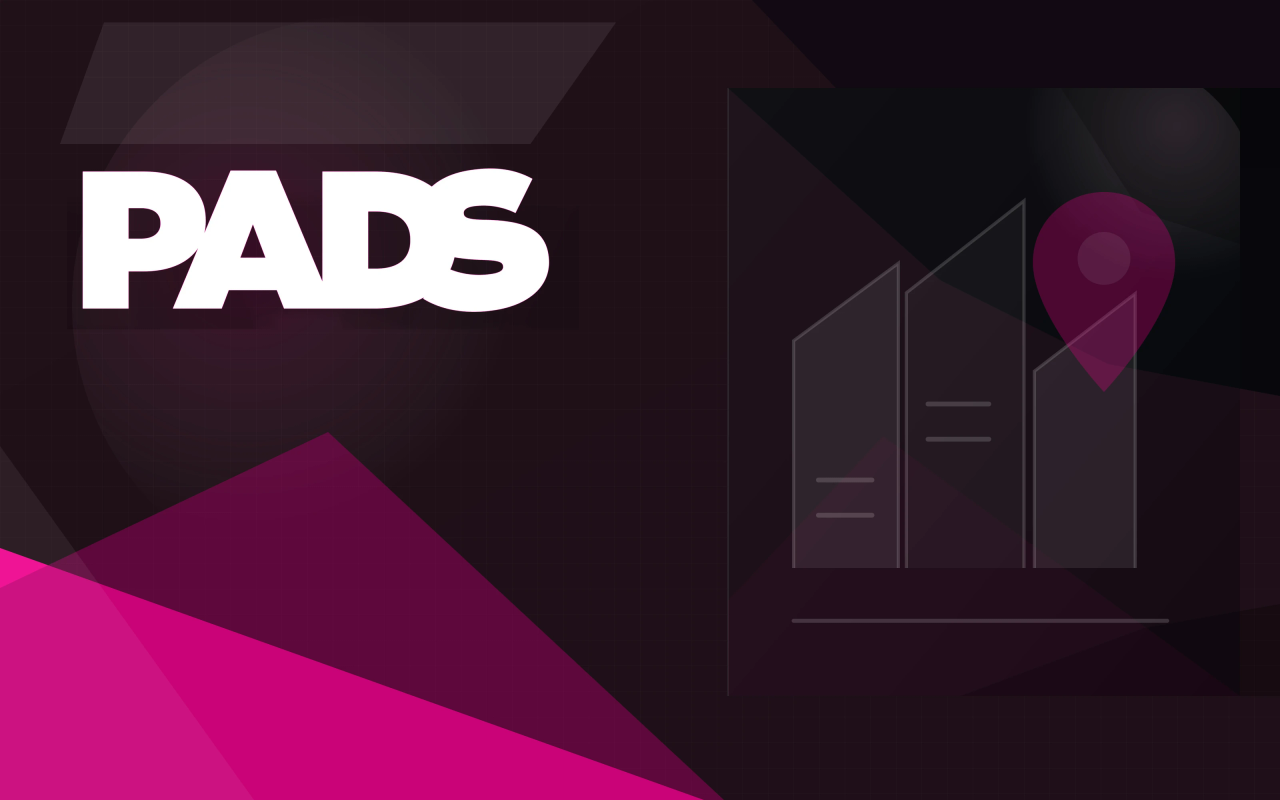 PADS wordmark on a magenta and charcoal geometric cover