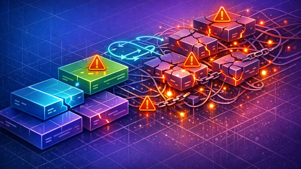 Editorial cover showing cracked code modules, warning markers, and tangled dependencies