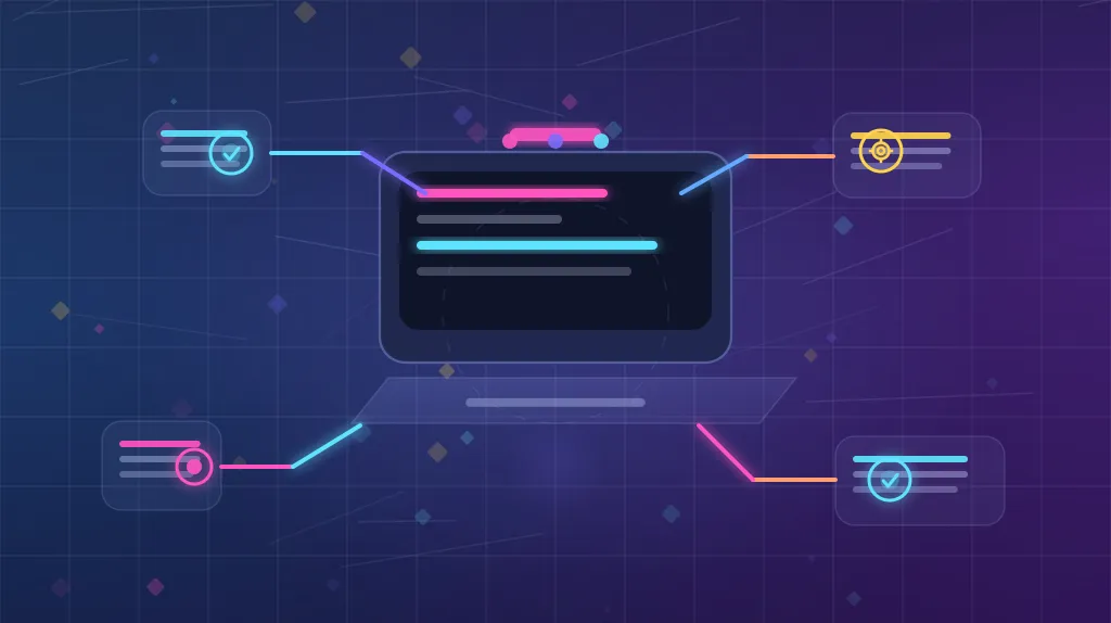 Neon illustration of a component test panel connected to interaction, assertion, and targeting checkpoints