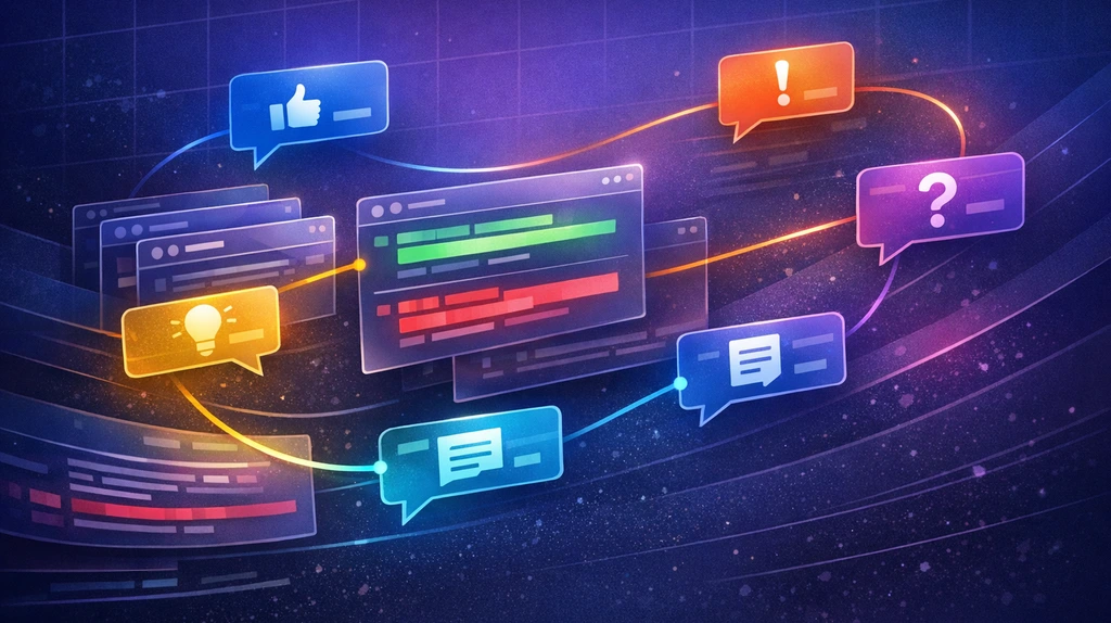 Editorial cover showing code review panels with connected feedback bubbles for praise, issues, and questions